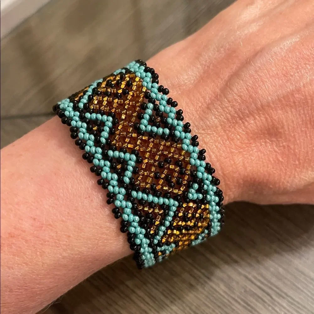 Miyuki Boho Beaded Bracelet – Turquoise & Amber Geometric Pattern Peyote Stitch